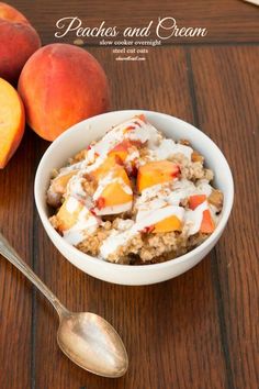 peaches and cream in a bowl with spoons