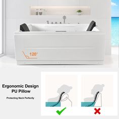 an image of a bathtub with the words ergonomic design and pilow