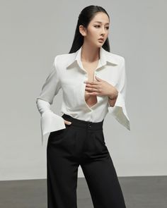 Long Sleeve Tops With Button Closure For Office, White Lapel Collar Blouse For Office, Long Sleeve Buttoned Tops For Workwear, White Lapel Collar Blouse For Work, White Blouse With Lapel Collar For Work, Long Sleeve Buttoned Office Tops, Long Sleeve Office Tops With Buttons, Long Sleeve Tops With Buttons For Office, Office Tops With Button Cuffs And Lapel Collar