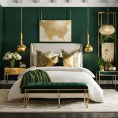 a bedroom with green walls and gold accents