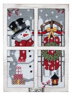 four cross stitch christmas cards with snowmen