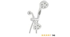 the shower head is attached to the wall and has five star ratings on each side