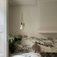 a kitchen with marble counter tops and white cabinets, along with a potted plant