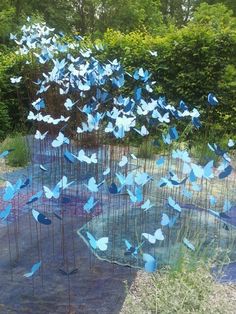 there are many blue butterflies flying in the air on this fenced area, which is surrounded by trees and bushes