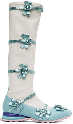 Knee-high stretch grained leather boots in blue and off-white. Pin-buckle straps with bow accents throughout. · Grosgrain trim at pointed toe · Jersey lining · Glittered fiberglass trim at heel · Treaded foam rubber outsole Supplier color: Frozen blue Kiko Kostadinov, Bow Boots, High Fashion Outfits, Tall Leather Boots, Shoe Inspo, Boots Knee, White Ribbon, Black Ribbon, Shoe Obsession