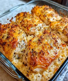 chicken and rice casserole in a glass dish