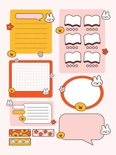 a set of stickers with animals and speech bubbles on them, including an empty notepad