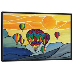 a painting of hot air balloons flying in the sky