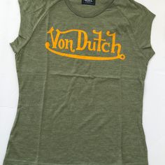 Nwt Von Dutch Baby Tee. Yellow Tops With Logo Print, Sporty Mustard Cotton Tops, Embellished Shorts, Purple Tee, Dutch Baby, 90s Baby, Green Tee, Y2k Baby Tee, Yellow Hoodie