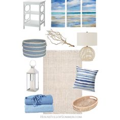 a blue and white color scheme for a beach themed bedroom or living room with accessories