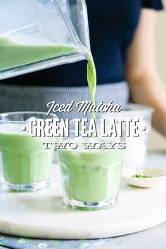 green tea latte being poured into two cups