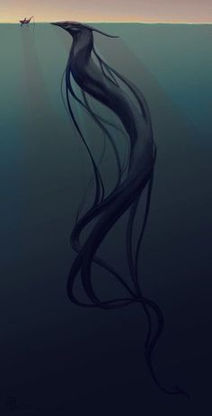 a painting of a long black hair floating in the ocean