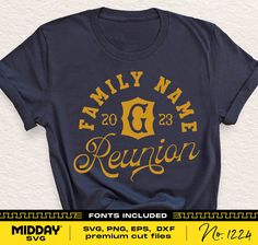 family name reunion t - shirt design with gold lettering on navy blue tshirt