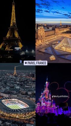 the eiffel tower is lit up at night, and in all its glory