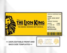 the lion king ticket is shown in yellow and black