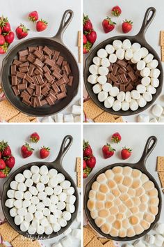 four pictures showing how to make marshmallows in a cast iron skillet