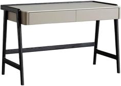 a white desk with black legs and a drawer on the top, against a white background