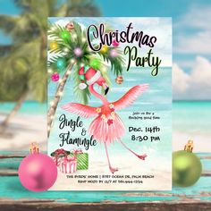 Get your guests excited to ‘Jingle & Flamingle’ with this tropical Christmas party invitation! Featuring a playful pink flamingo dancing under a palm Christmas tree by the sea, this design brings beachy holiday vibes to life. Perfect for anyone who wants to swap snow for sand this holiday season, this invitation will have everyone looking forward to having a flocking good time! Art by KL Stock Flamingo Dancing, Palm Christmas, Beach Christmas Party, Tropical Christmas Cards, Beach Christmas Card, Christmas Palm Tree, Island Theme, Tropical Christmas, Flamingo Christmas