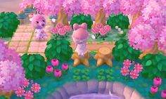 an animal crossing game with pink flowers and trees