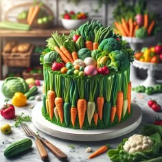 a cake made to look like vegetables on a table with other food items around it