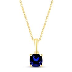 This beautiful necklace features a rich cushion-cut blue lab-created sapphire, perfect for celebrating a September birthday. As many as seven additional pendants can be added to the necklace to represent the ones you love. Styled in 10K yellow gold, the birthstone pendant sways from an 18-inch cable chain that secures with a spring-ring clasp. Gold Sapphire Cushion Cut Jewelry, Sapphire Cushion Cut Jewelry Gift, Blue Cushion Cut Fine Jewelry Necklace, Sapphire Birthstone, September Birthday, Necklace Clasps, Kay Jewelers, Birthstone Pendant, Sapphire Stone