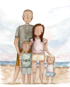 a watercolor painting of a family on the beach with an adult and two children