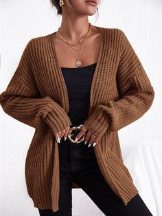 Coffee Brown Casual  Long Sleeve Polyester Plain Cardigan  Slight Stretch Fall/Winter Women Knitwear Cardigan With Leggings Outfit, Long Brown Sweater, Dark Brown Cardigan, Long Brown Cardigan, Cardigan Crop