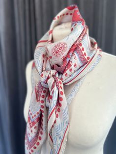 This is a extra large versatile silk scarf from Marks and Spencer.  Each corner is adorned with a beautiful blue white and red tassel. These tassels add a new dimension to the scarf but also adds weight to each corner to enable it to hang nicely.  Machine edge finished.  In perfect condition.  100% silk.  107cm x 109cm  Please loo at my other scarves added to my store weekly. Follow on Instagram for more @Modestefinds Aztec Print Scarf, Embroidered Scarf, Chunky Scarves, Blue Sheers, Tassel Scarf, Blue Tassel, Tie Headband, Red Tartan, Lightweight Scarf