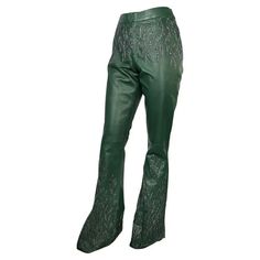 F/W 1999 Gucci Tom Ford Runway Embellished Green Leather Flare Pants Documented For Sale at 1stDibs 1stdibs Fashion, Green Leather Pants, Tom Ford Runway, 2000s Pants, Leather Flare Pants, Tom Ford Gucci, Tom Ford Leather, Gucci Pants, Velvet Flare Pants