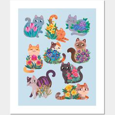 an illustration of cats and flowers on a blue background