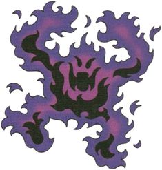 a purple and black tattoo design on a white background, with flames coming out of it