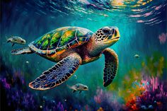 a painting of a turtle swimming in the ocean with other sea creatures around it,