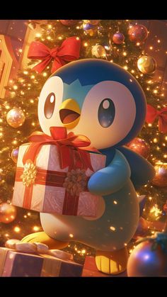 a penguin holding a gift box in front of a christmas tree with presents on it