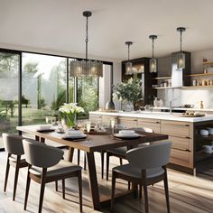 a dining room table and chairs in front of an open kitchen with sliding glass doors