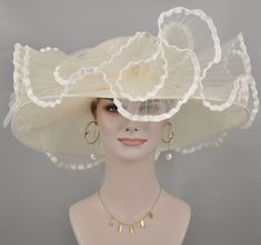 Cream Brimmed Costume Hats And Headpieces For Evening, Cream Brimmed Costume Hats For Evening, Cream Brimmed Evening Costume Hats And Headpieces, Cream Brimmed Evening Costume Headpieces, Cream Brimmed Evening Costume Hat, Cream Formal Hat With Structured Crown, Formal Cream Hat With Structured Crown, Cream Curved Brim Costume Hat For Evening, Evening Cream Costume Hat With Curved Brim