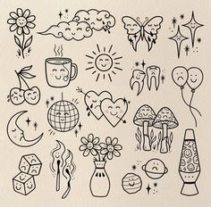 a drawing of various items that are drawn in ink on paper with watermarks