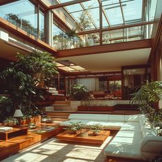 A breathtaking living room with a glass ceiling, filling the space with natural light and connecting seamlessly with the outdoors. Bright, airy, and simply stunning! Would you enjoy a room like this? Sky Lights In Living Room, Room With Glass Ceiling, Sunken Den, Tall Ceiling Living Room, Sunken Living Room, 1970s Home, Lighting Options, A Frame House, Movie Room