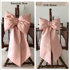 "FREE SWATCHES  Ships in 3-4 weeks  NURSERY BOWS (sold separately) (2 sizes) ~  CRIB BOW:  11\" wide  X 23\" long ~  BASSINET BOW:  15\" wide X 28\" long ~ Faux Dupioni fabric ~ Detachable, pre-made, pre-tied, lightly stuffed ~ separate ribbon on the back of the bow allows to tie to almost anything ~ MADE AFTER ORDER ~ Swatches available Our CRIB BOWS are a unique baby boutique design exclusive to Ruby Begonia - Heirloom Nurseries!   Our bows hold their shape while adding a touch of Glam to your Large Fabric Bow, Crib Bows, Crib Bassinet, Dupioni Silk Fabric, Diy Crib, Christmas Wreath Bows, Bows Christmas, Bow Sash, Decor Event