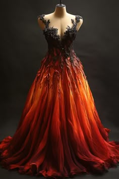 Black And Orange Wedding Dress, Autumn Ball Gown, Fire Dress Gowns, Fire Inspired Dress, Fire Gown, Orange Ball Gown, Red And Black Gown, Goth Wedding Dresses, Extravagant Outfits