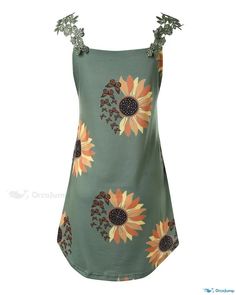 OrcaJump - Sunflower Butterfly Lace Patch Casual Dress with Print Sleeveless Sundress With Sunflower Print For Spring, Casual Sunflower Print Spring Dress, Casual Sunflower Print Beach Dress, Butterfly Sunflower, Sunflower Butterfly, Butterfly Lace, Sunflower Print, Butterfly Print, Dress Fabric