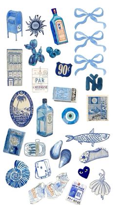 an assortment of blue and white items on a white background