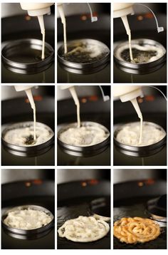 the process of making pretzels being made in an electric skillet with milk pouring over them