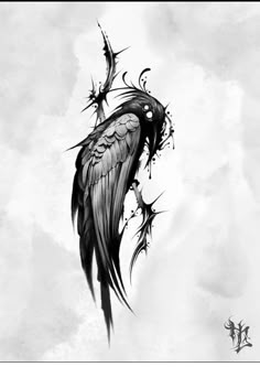 a black and white drawing of a bird with wings