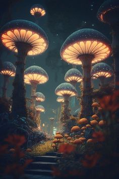 an image of a fantasy forest with glowing mushrooms