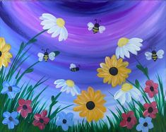 an acrylic painting of flowers and bees flying in the air with a purple background