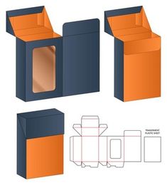 an orange and blue box with its lid open, next to the other packaging boxes