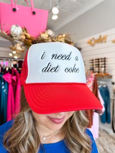 Red & White Color I Need A Diet Coke Embroidered Detail Trucker Style Adjustable Hat Band One Size Fits Most 100% Polyester Novelty Red Baseball Cap, Novelty Red Cap Hat, Fun Red Trucker Hat With Letter Print, Red Novelty Hat One Size Fits Most, Red Novelty Hat One Size, Red Novelty Hat, Novelty Red Baseball Cap One Size, Novelty Red Trucker Hat, Red Embroidered Snapback Hat