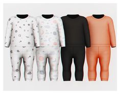 three baby onesuits are shown in different colors and sizes, including black, white, orange, and pink