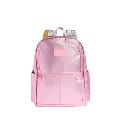 STATE Bags Kane Double Pocket Large Backpack Metallic Pink Front View Click to Zoom Pink Backpacks For School, School Backpack In Pink With Removable Pouch, Cheap Pink Rectangular Backpack, Pink Backpack With Zipper Pocket For Students, Functional Pink Rectangular Backpack, Large Capacity Pink Backpack For On-the-go, Silver Bags, Pink Backpack, Travel School