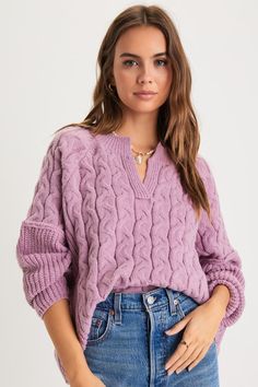 The Lulus Toasty Charm Lavender Cable Knit Notched Oversized Sweater will keep you looking cozy and cute all season long! Thick and comfy cable knit and ribbed knit come together to shape this must-have sweater that features a notched crew neck framed by long sleeves with drop shoulders. The relaxed, oversized bodice to a slightly high-low hem, perfect for tucking into your favorite high-waisted bottoms! Fit: This garment fits true to size. Length: Size medium measures 21" from shoulder to hem. Style Inspiration Minimalist, Mom Fits, Cute Sweaters For Fall, Lavender Sweater, Lulu Fashion, Comfy Clothes, Womens Winter, Fall Clothes, Comfortable Room